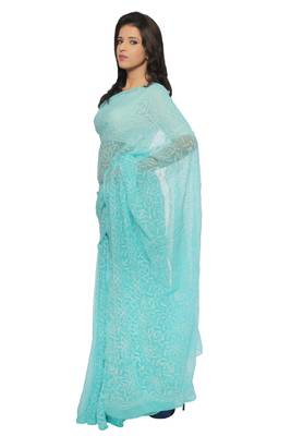 Lavangi Sea Green Hand Embroidered Lucknow Chikan Tepchi WorK Faux Georgette Saree with Blouse 3