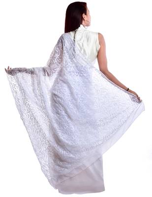 Lavangi White Hand Embroidered Lucknow Chikan Tepchi WorK Faux Georgette Saree with Blouse 2