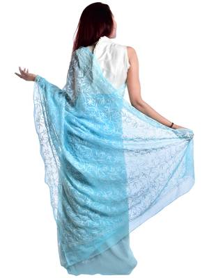 Lavangi Sky Blue Hand Embroidered Lucknow Chikan Tepchi WorK Faux Georgette Saree with Blouse 2