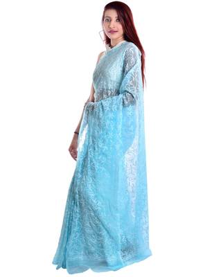 Lavangi Sky Blue Hand Embroidered Lucknow Chikan Tepchi WorK Faux Georgette Saree with Blouse 3