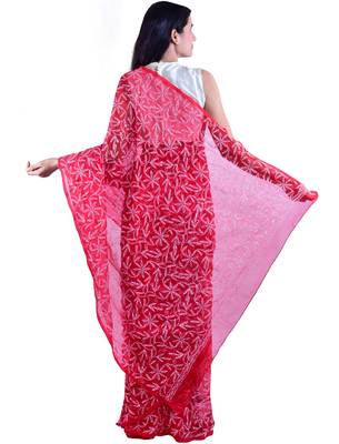 Lavangi Red Hand Embroidered Lucknow Chikan Tepchi WorK Faux Georgette Saree with Blouse 2