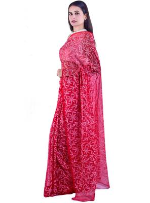 Lavangi Red Hand Embroidered Lucknow Chikan Tepchi WorK Faux Georgette Saree with Blouse 3