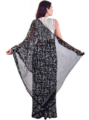 Lavangi Black Hand Embroidered Lucknow Chikan Tepchi WorK Faux Georgette Saree with Blouse 2