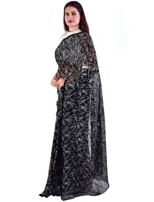 Lavangi Black Hand Embroidered Lucknow Chikan Tepchi WorK Faux Georgette Saree with Blouse 3