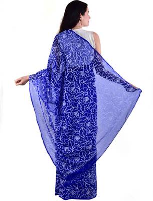 Lavangi Royal Blue Hand Embroidered Lucknow Chikan Tepchi WorK Faux Georgette Saree with Blouse 2