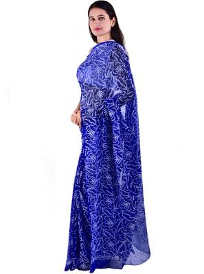 Lavangi Royal Blue Hand Embroidered Lucknow Chikan Tepchi WorK Faux Georgette Saree with Blouse 3