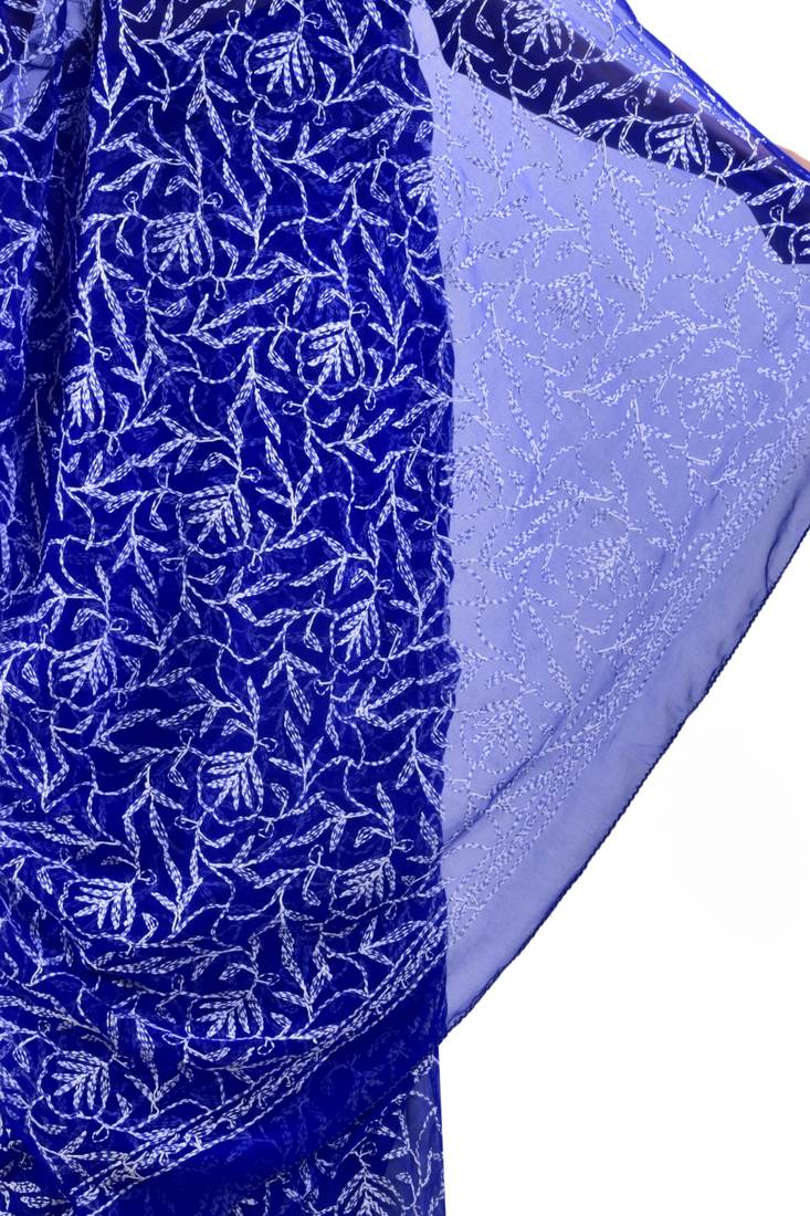 Lavangi Royal Blue Hand Embroidered Lucknow Chikan Tepchi WorK Faux Georgette Saree with Blouse