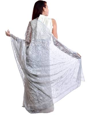 Lavangi Light Grey Hand Embroidered Lucknow Chikan Tepchi WorK Faux Georgette Saree with Blouse 2