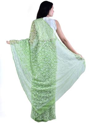 Lavangi Mehendi Green Hand Embroidered Lucknow Chikan Tepchi WorK Faux Georgette Saree with Blouse 2