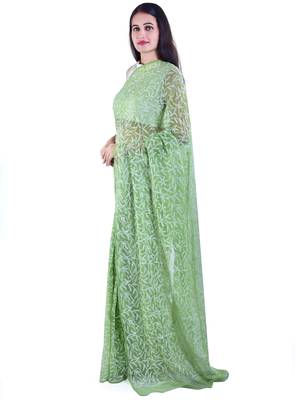 Lavangi Mehendi Green Hand Embroidered Lucknow Chikan Tepchi WorK Faux Georgette Saree with Blouse 3