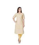 women Yellow Semi linen Half Sleeves Kurti