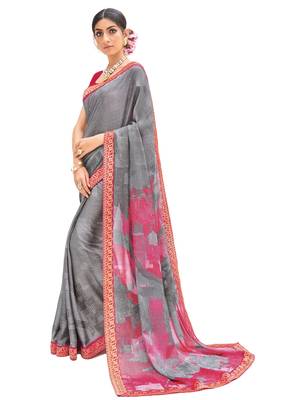 Grey Coloured Brasso Casual Wear Printed Sari With Unstitched Blouse 1