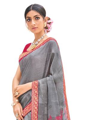 Grey Coloured Brasso Casual Wear Printed Sari With Unstitched Blouse 3