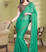 Green Plain Chiffon Saree With Designer Blouse
