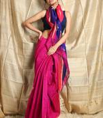 Dark pink woven blended cotton saree with blouse
