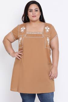Camel Velvet Embro Plus Size Tunic