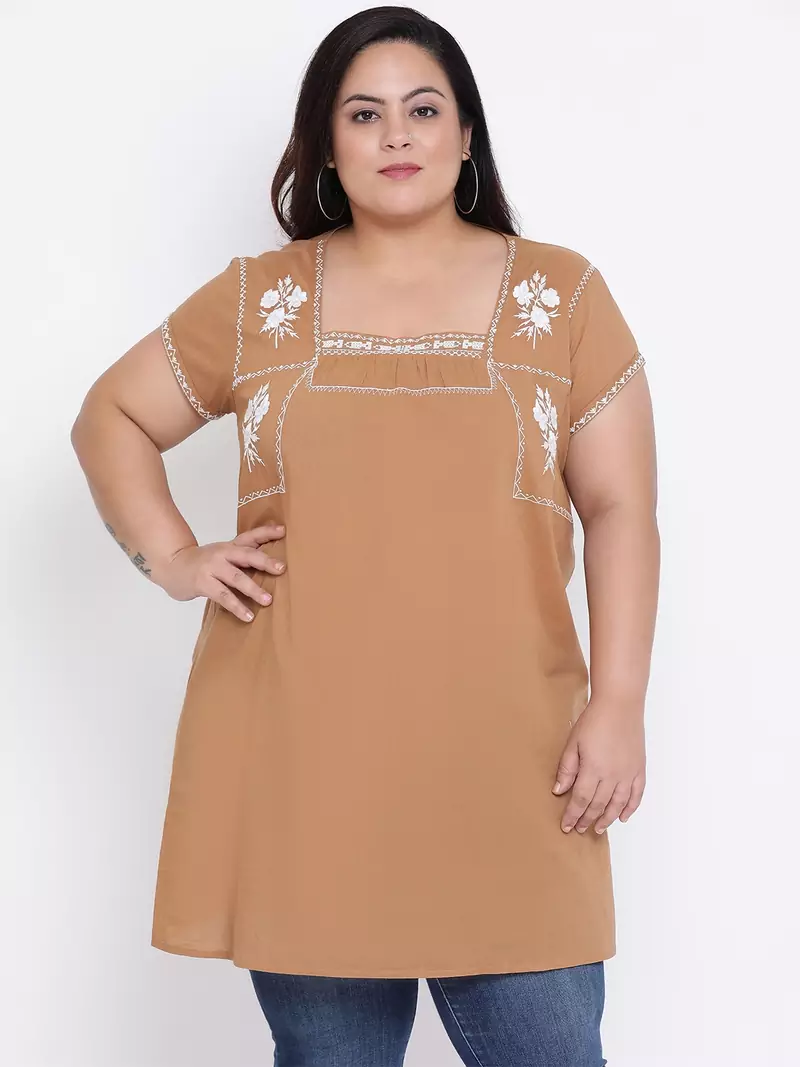 Camel Velvet Embro Plus Size Tunic