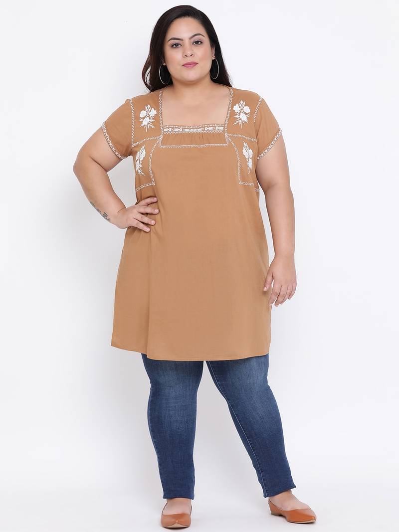 Camel Velvet Embro Plus Size Tunic