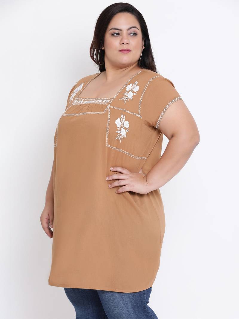 Camel Velvet Embro Plus Size Tunic