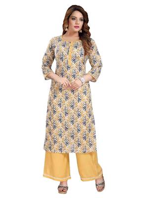 Yellow printed cotton ethnic-kurtis 1