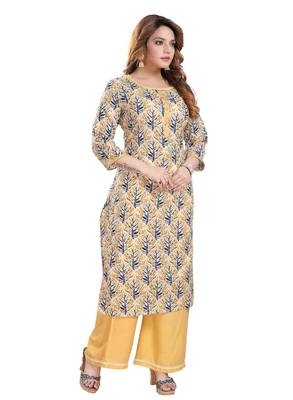Yellow printed cotton ethnic-kurtis 3