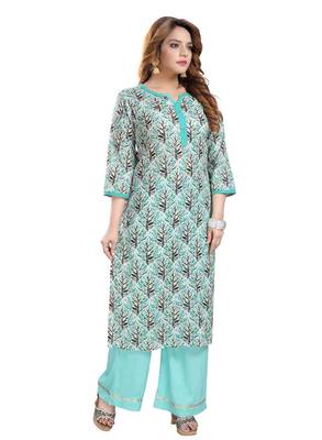 Turquoise printed cotton ethnic-kurtis 1