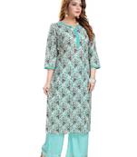 Turquoise printed cotton ethnic-kurtis
