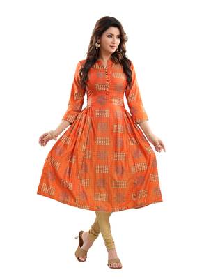 Orange printed polyester ethnic-kurtis 1