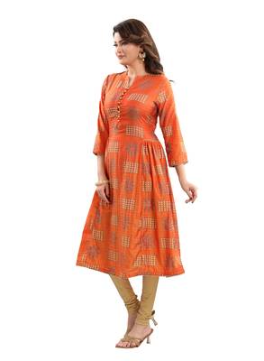 Orange printed polyester ethnic-kurtis 4