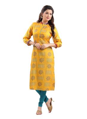 Yellow printed polyester ethnic-kurtis 1