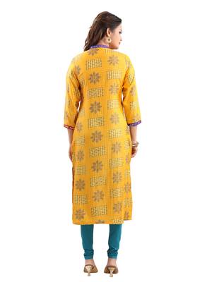 Yellow printed polyester ethnic-kurtis 2