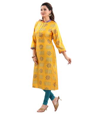 Yellow printed polyester ethnic-kurtis 4