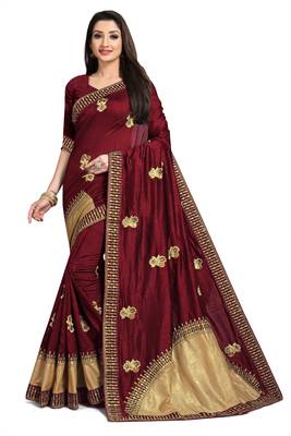 Maroon embroidered silk blend saree with blouse 1