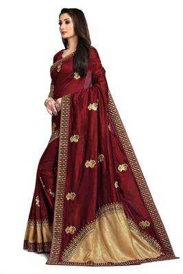 Maroon embroidered silk blend saree with blouse 2