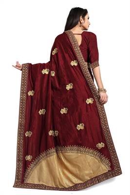 Maroon embroidered silk blend saree with blouse 3