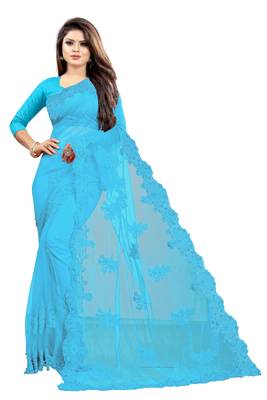 Turquoise embroidered net saree with blouse 1