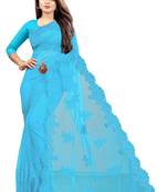 Turquoise embroidered net saree with blouse
