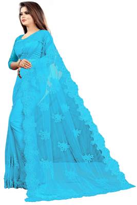 Turquoise embroidered net saree with blouse 2