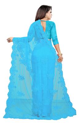 Turquoise embroidered net saree with blouse 3