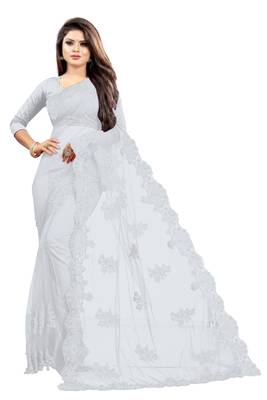 White embroidered net saree with blouse 1
