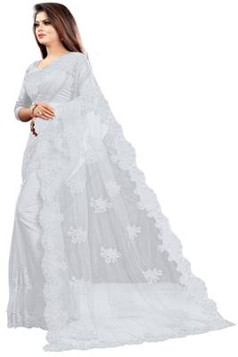 White embroidered net saree with blouse 2