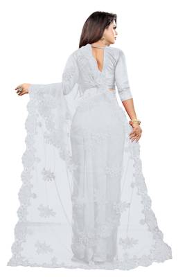 White embroidered net saree with blouse 3