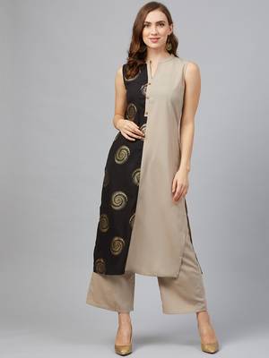 Light-grey printed crepe kurta set 1