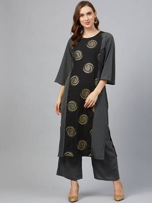 Dark-grey printed crepe kurta set 1