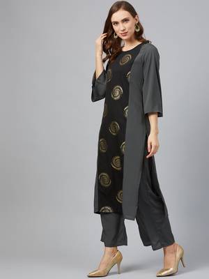 Dark-grey printed crepe kurta set 3