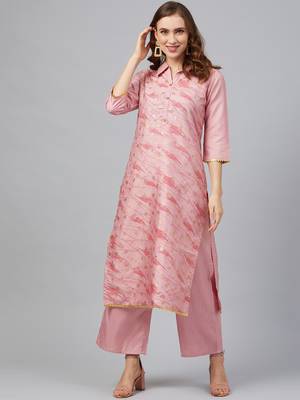 Pink printed art silk kurta set 1