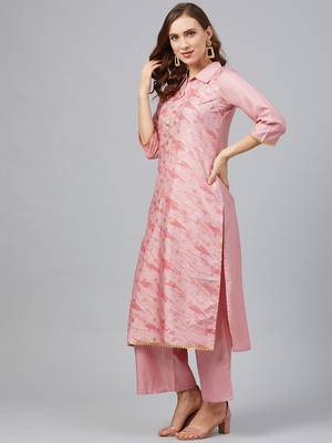 Pink printed art silk kurta set 3