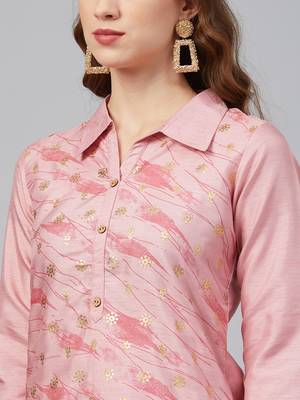 Pink printed art silk kurta set 4
