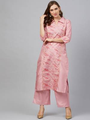 Pink printed art silk kurta set 1