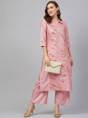 Pink printed art silk kurta set 3